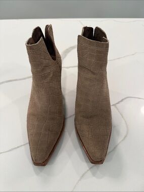 Vince Camuto Suede Croc-Embossed Pointed Toe Ankle Boot in Taupe
